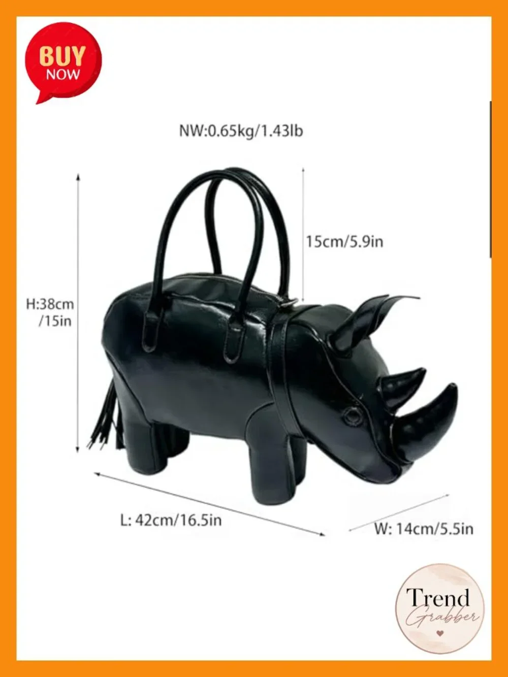 PVC Rhino Shaped Crossbody Handbag Purse - Detachable Strap - Animal Novelty